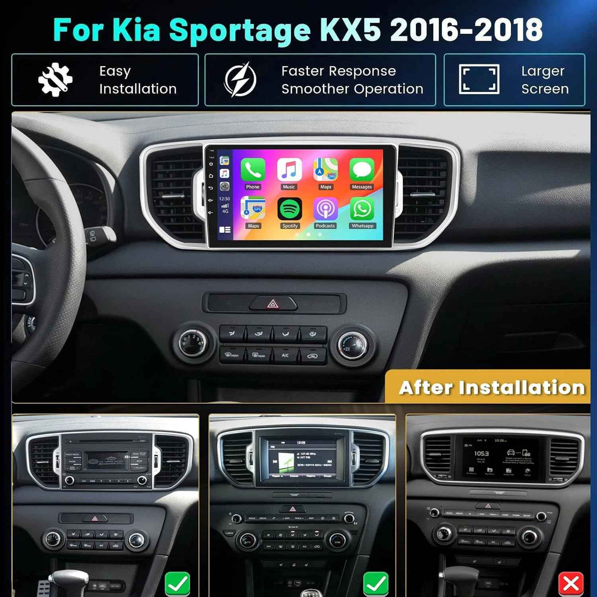 Car Stereo for Kia Sportage KX5 2016 2017 2018 Wireless Carplay Android Auto, 9 inch IPS 1280 * 720 Touch Screen Radio Bluetooth GPS Navigation DSP 5G WiFi