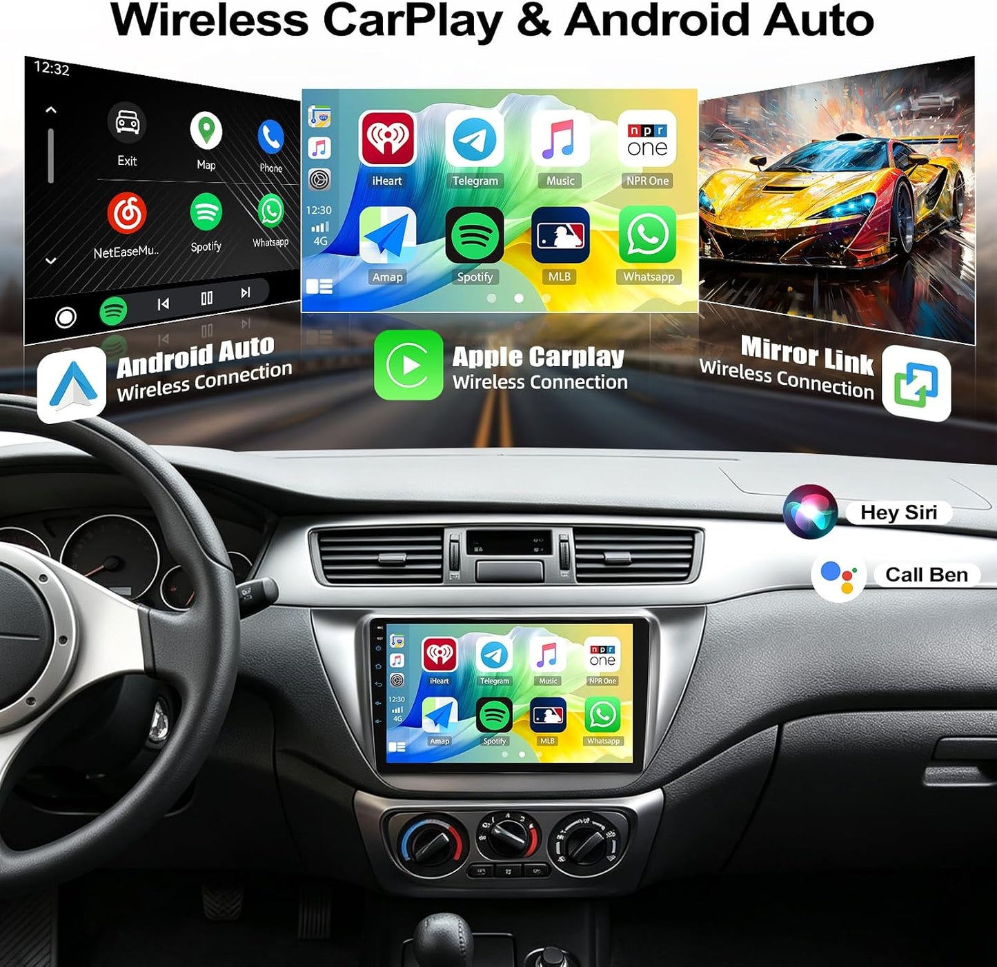 Car Radio Stereo for Mitsubishi Lancer 2002-2007 with Wireless CarPlay Android Auto, 9" Touch Screen Stereo with GPS Navigation WiFi Bluetooth FM Head Unit
