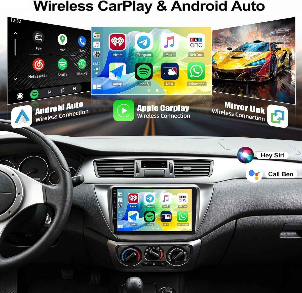 Car Radio Stereo for Mitsubishi Lancer 2002-2007 with Wireless CarPlay Android Auto, 9" Touch Screen Stereo with GPS Navigation WiFi Bluetooth FM Head Unit