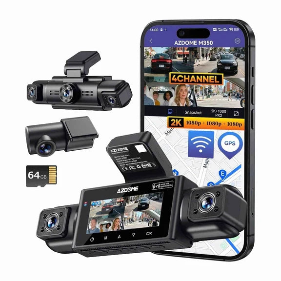 AZDOME M350 4 Channel 360 Dash Cam Front 2.5K,1080P Rear Left Right Camera for Cars, IR Night Vision Built-in GPS with Find My Voice Control, 5G WiFi,Supercapacitor