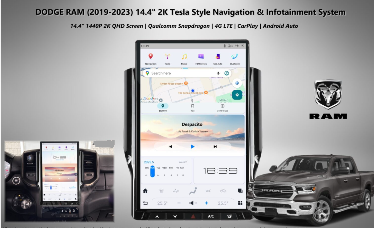 Dodge RAM (2019 – 2024) 14.4″ IPS QHD 2K Touch-Screen Android Navigation System | Android 13 | GPS | BT | Wifi | CarPlay | Android Auto | 4G LTE