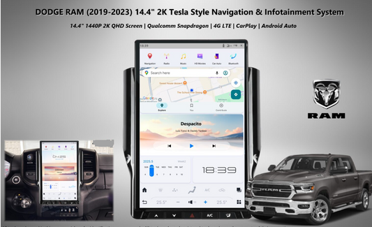 Dodge RAM (2019 – 2024) 14.4″ IPS QHD 2K Touch-Screen Android Navigation System | Android 13 | GPS | BT | Wifi | CarPlay | Android Auto | 4G LTE