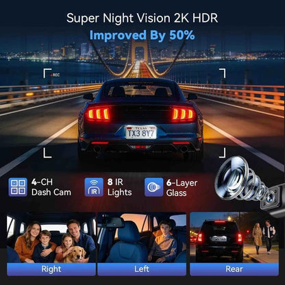 AZDOME M350 4 Channel 360 Dash Cam Front 2.5K,1080P Rear Left Right Camera for Cars, IR Night Vision Built-in GPS with Find My Voice Control, 5G WiFi,Supercapacitor