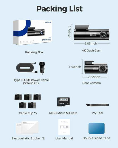 Dashcam AZDOME M300S 4K FRONT AND REAR GPS VOICE CONTROL WDR NIGHT VISION G-SENSOR