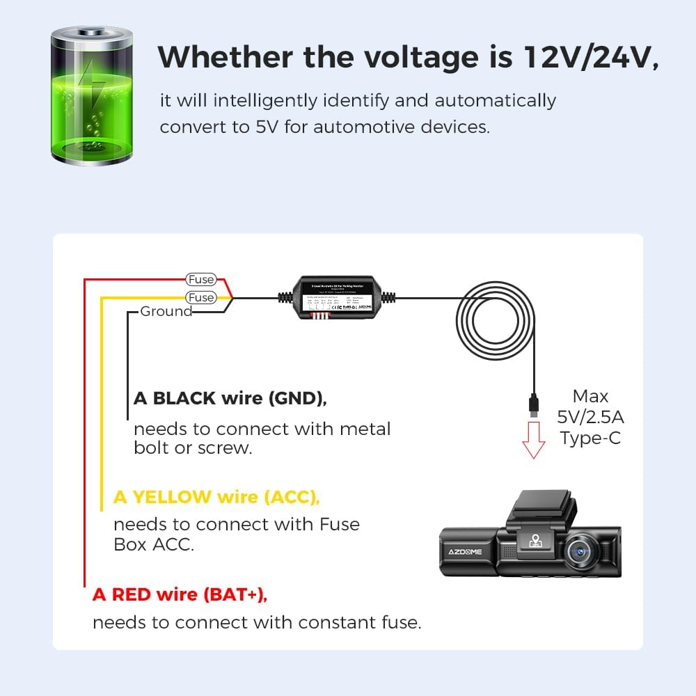 AZDOME 3-Lead Acc Hardwire Kit Type-C USB Port, 12ft