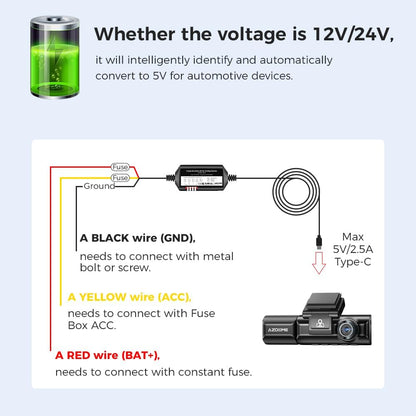 AZDOME 3-Lead Acc Hardwire Kit Type-C USB Port, 12ft