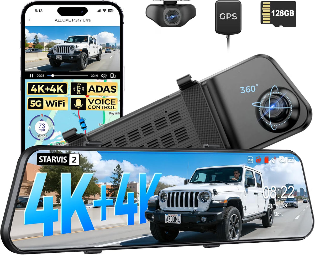 AZDOME PG17 Ultra 4K+4K 2CAM Mirror Dash Cam, Rear View Mirror Camera