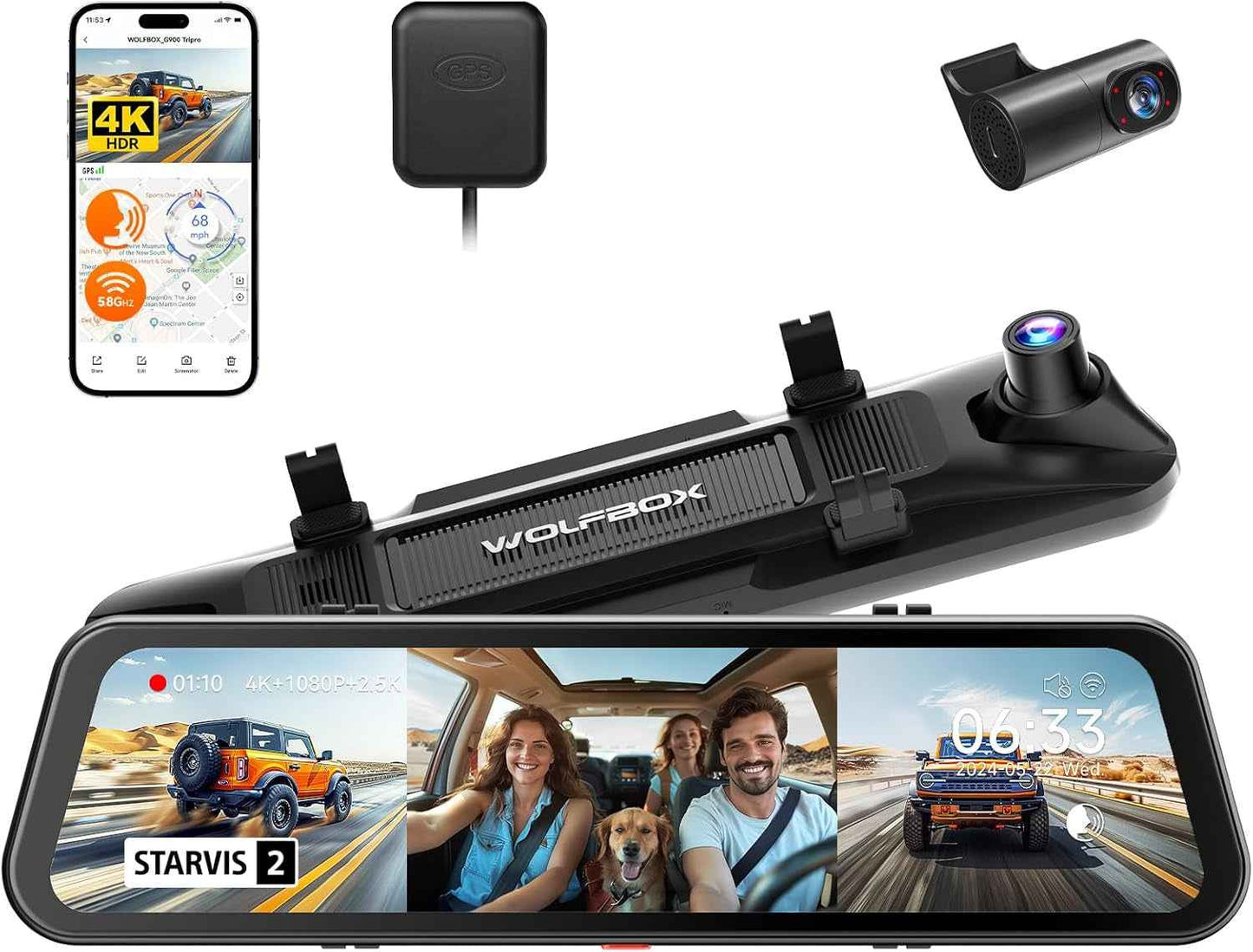 WOLFBOX G900 Tripro Cabin Version 2 Channel 4K Rear View Mirror Camera, STARVIS 2 IMX678 Night Vision,4K+1080P+2.5K Front Inside and Rear Mirror Dash Cam,5.8GHz WiFi,Voice Control.
