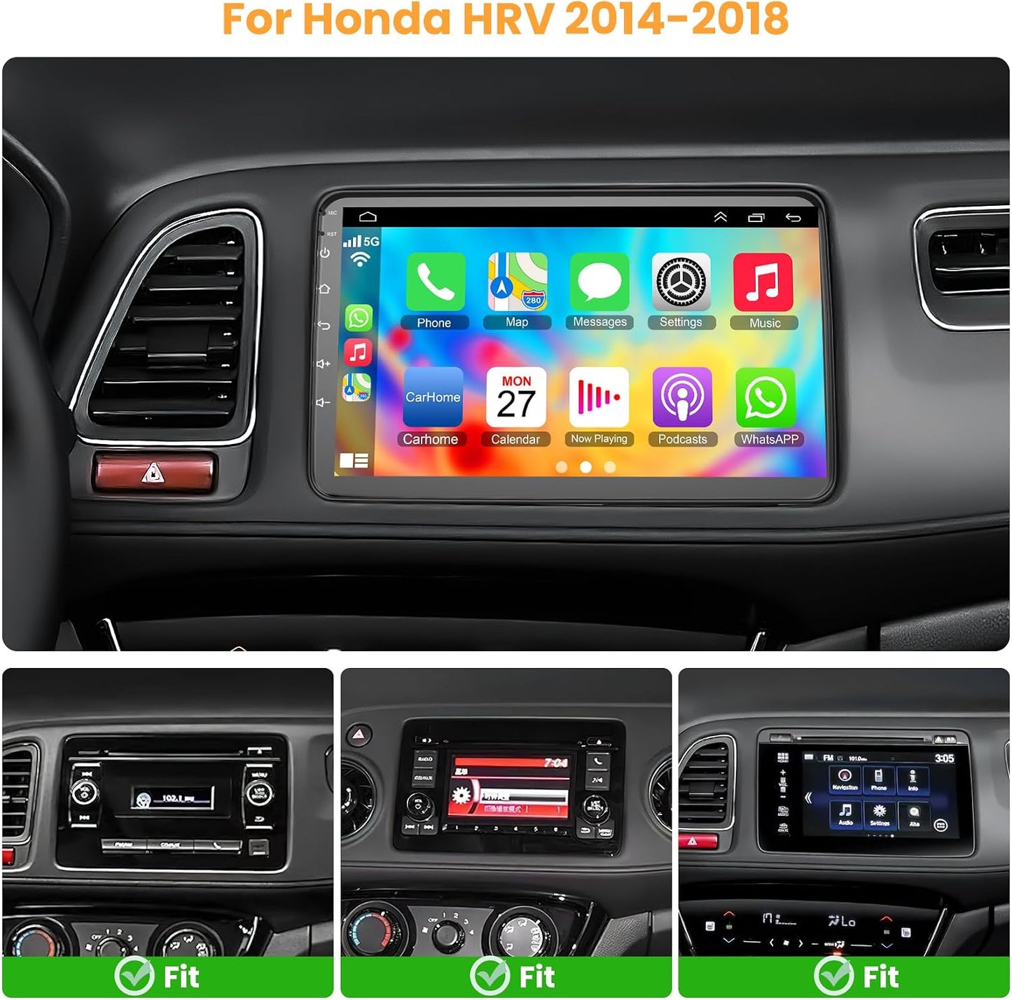 Car Stereo for Honda Vezel HRV 2014-2018 Wireless Carplay Android Auto, 5G WiFi, 9"Touch Screen GPS Navi Head Unit, FM Radio, Bluetooth