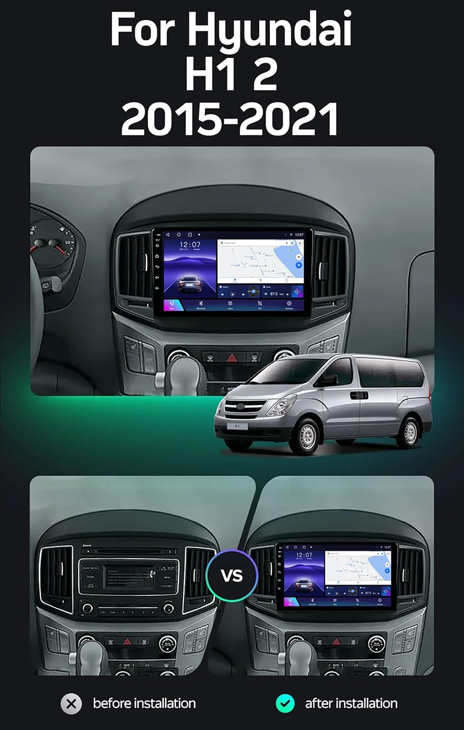 Hyundai H1 II 2 TQ 2015-2021 9" Car Stereo Car Radio Multimedia Player Support Carplay/Android Auto/Wifi/4G/FM RDS/Bluetooth/SWC/DAB+Backup