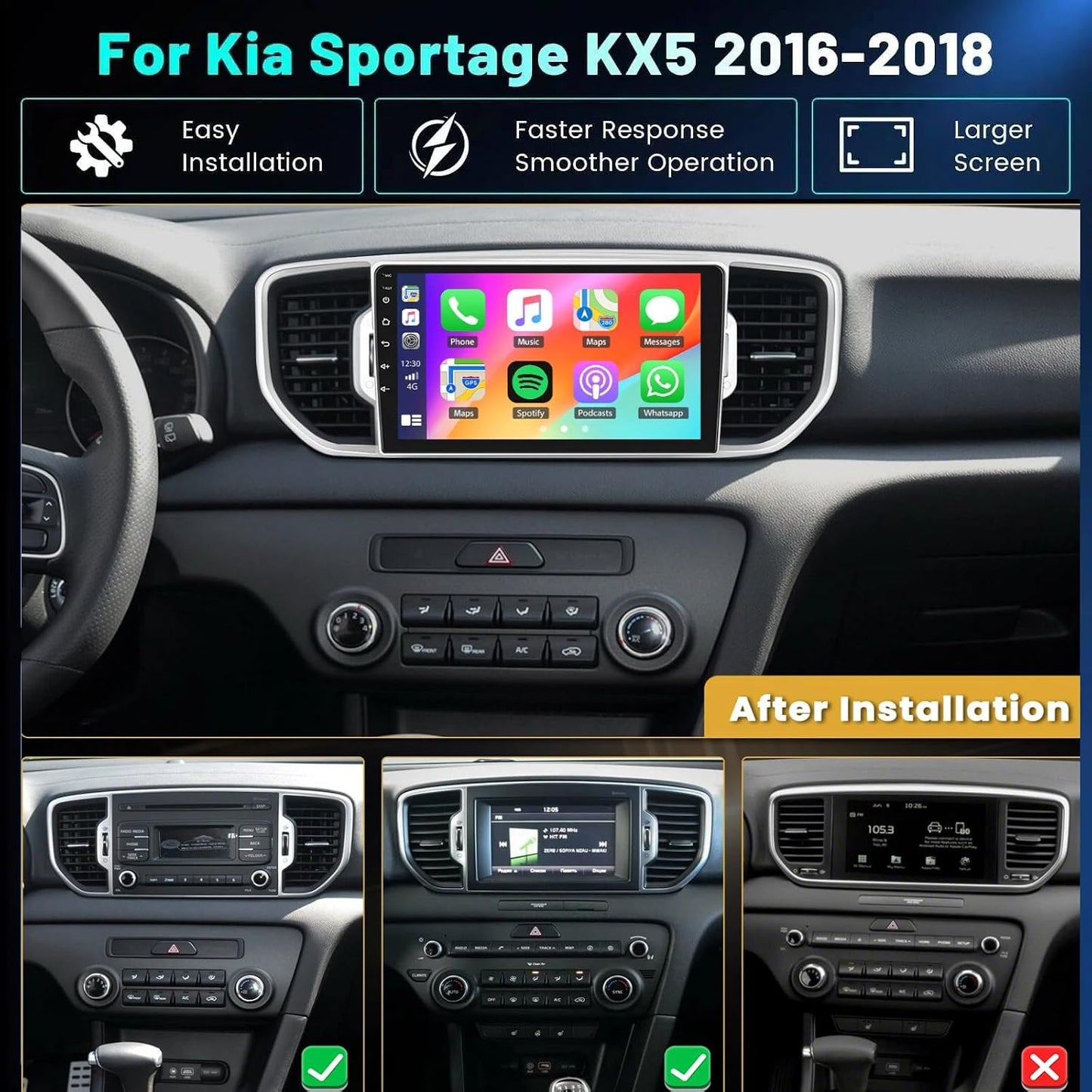 Car Stereo for Kia Sportage KX5 2016 2017 2018 Wireless Carplay Android Auto, 9 inch IPS 1280 * 720 Touch Screen Radio Bluetooth GPS Navigation DSP 5G WiFi