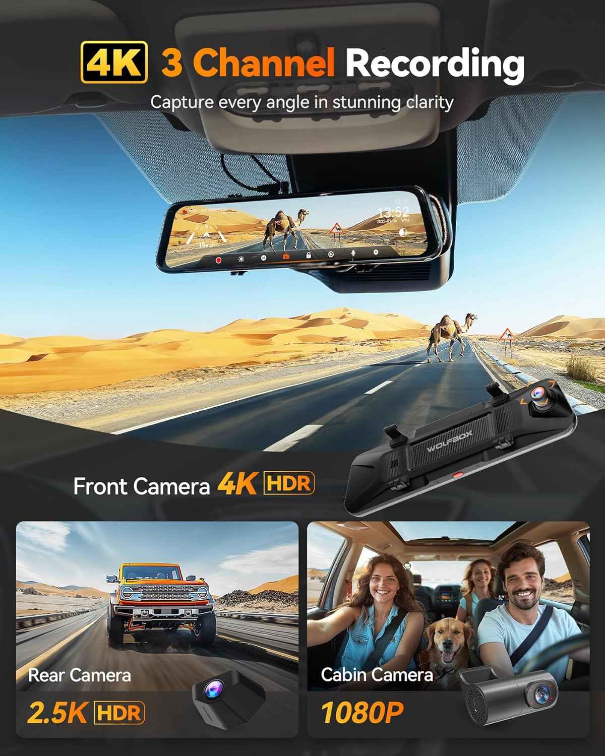 WOLFBOX G900 Tripro Cabin Version 2 Channel 4K Rear View Mirror Camera, STARVIS 2 IMX678 Night Vision,4K+1080P+2.5K Front Inside and Rear Mirror Dash Cam,5.8GHz WiFi,Voice Control.