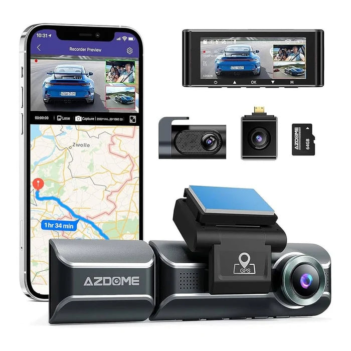 AZDOME M550 3CH Dash Cam 4K - 3.19" Screen IR Night Vision - 24H Parking Mode - 3-Channel Dash Cam - Interior IR Camera - Built-in GPS & WiFi - Three-Mode Parking Monitor